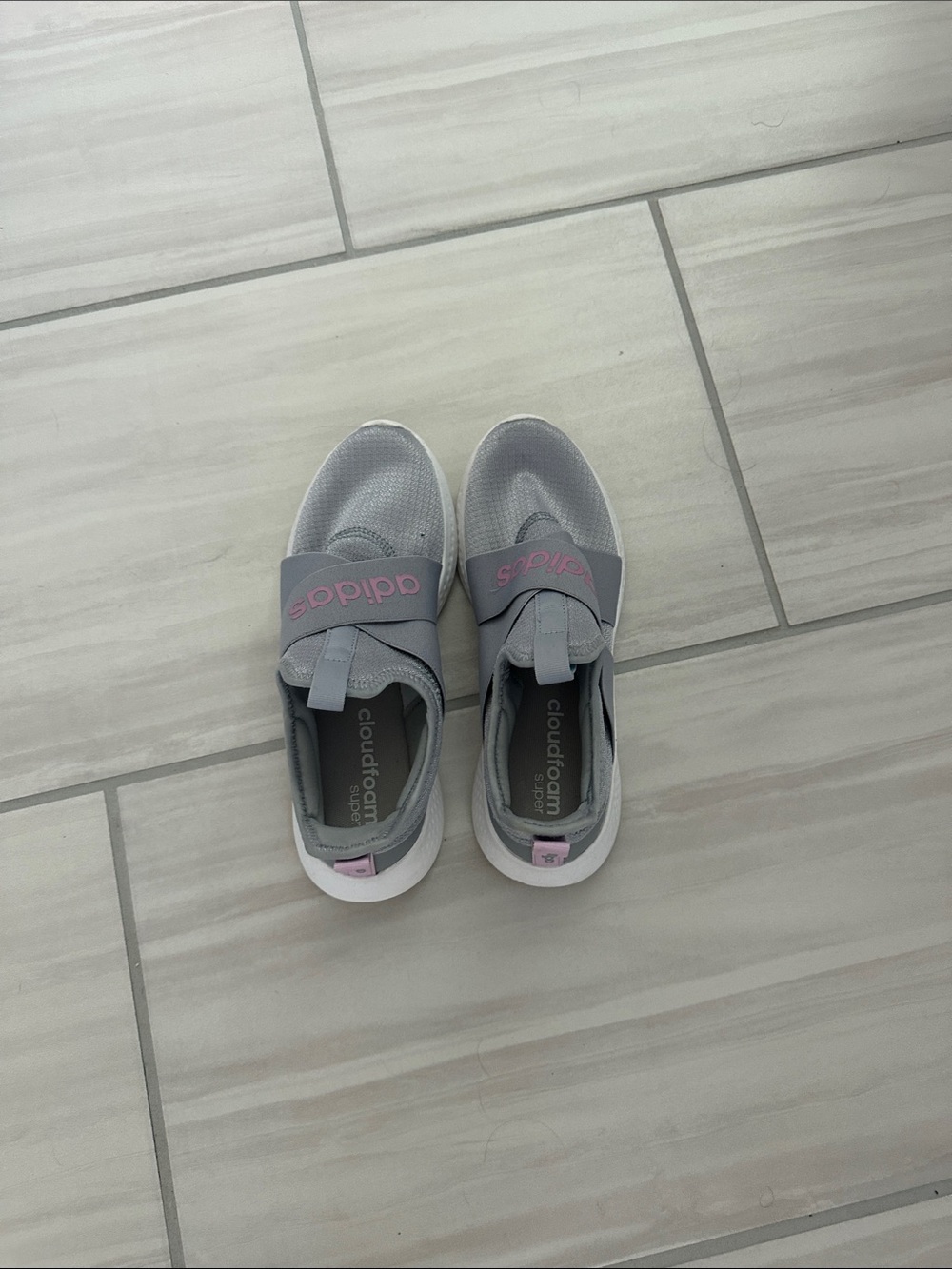adidas Kids Grey Slip-On Sneakers with Pink Logo Accents